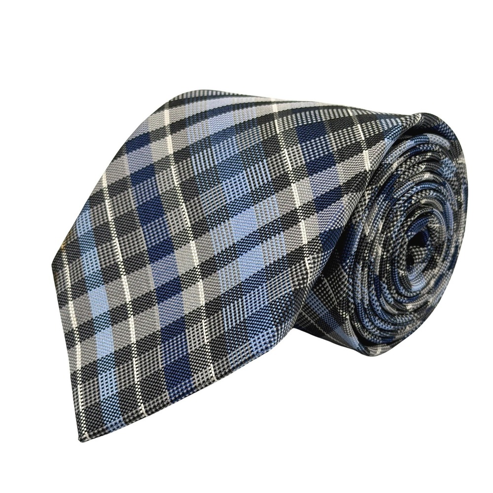 Pronto Uomo‎ Mens Necktie Blue Grey Black Plaid 100% Silk Hand Made 58"